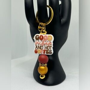 New, Hand Crafted Gold Metal & Silicone Beads Coffee Lover Purse Charm / Key Fob